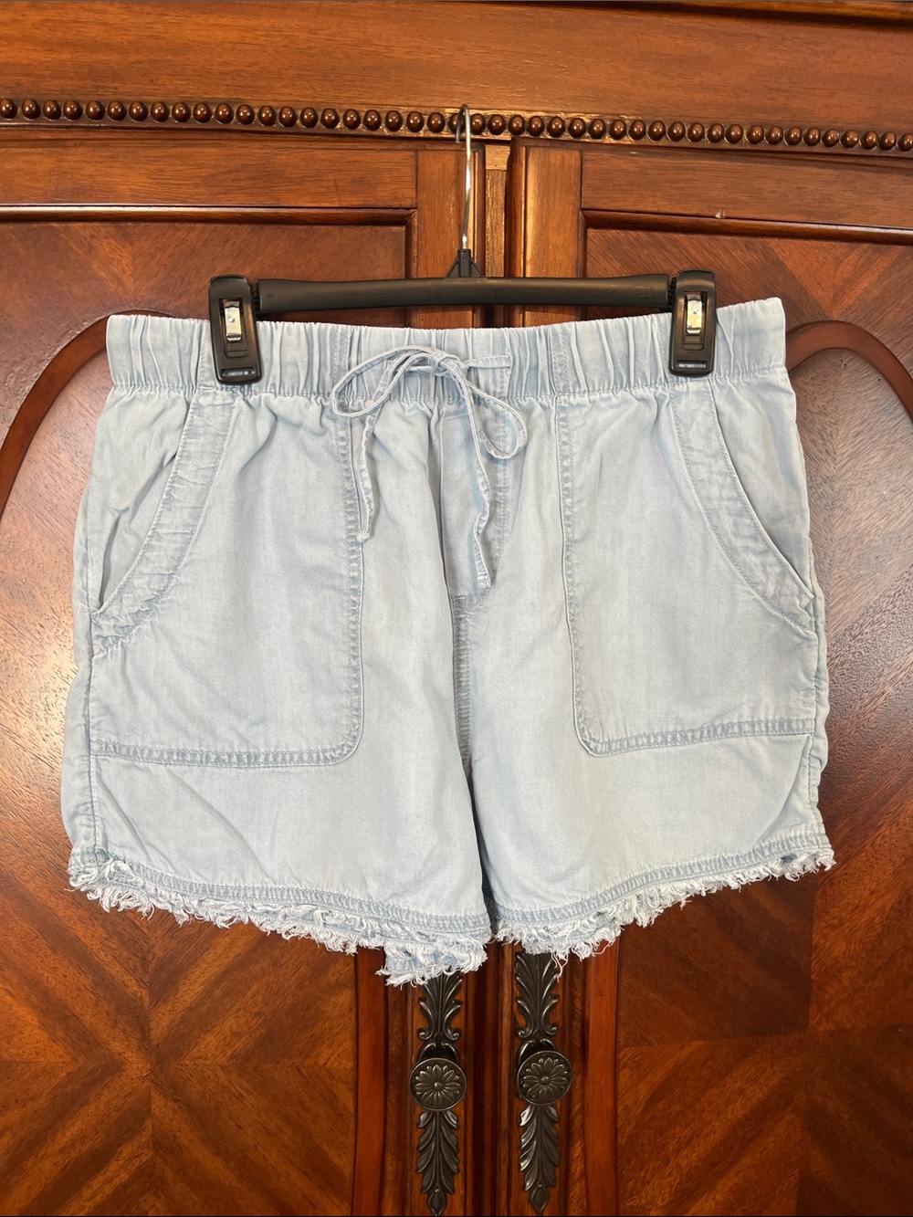 Time and Tru Light Blue Drawstring Shorts with Frayed Ends